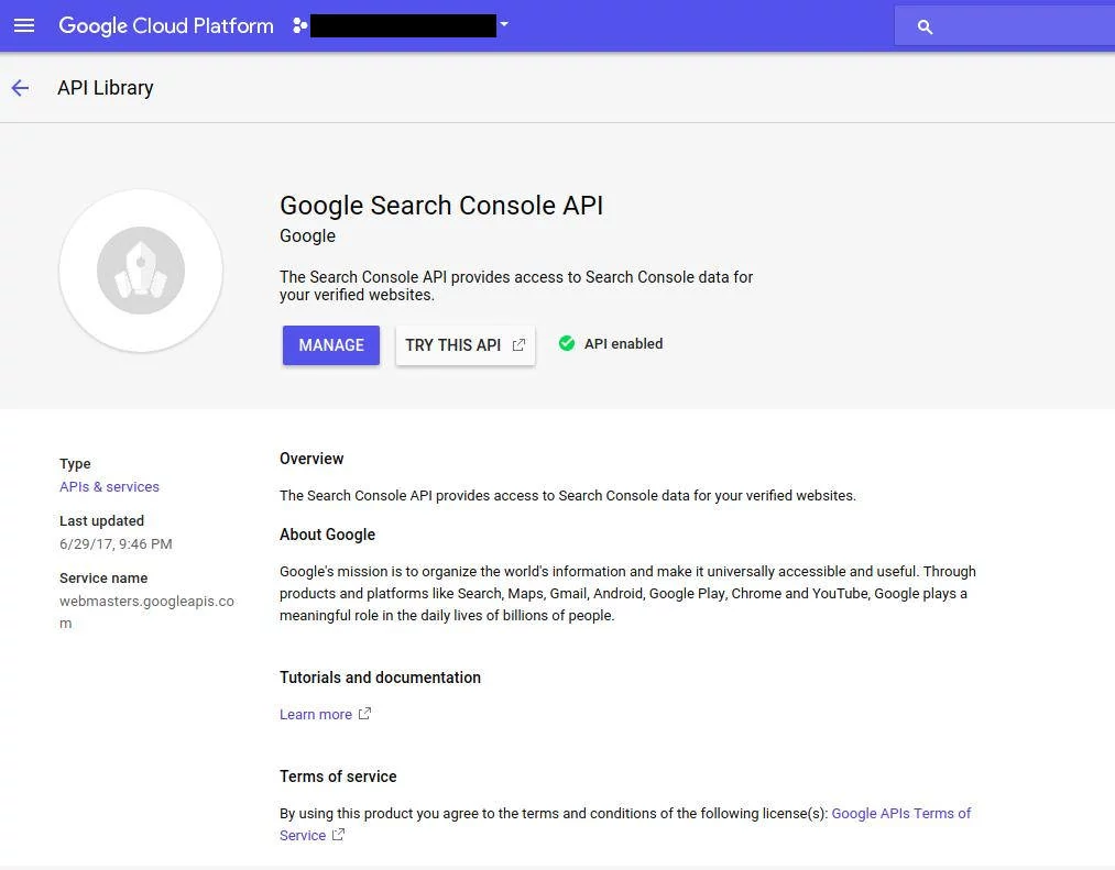 Google Search Console API connection service.