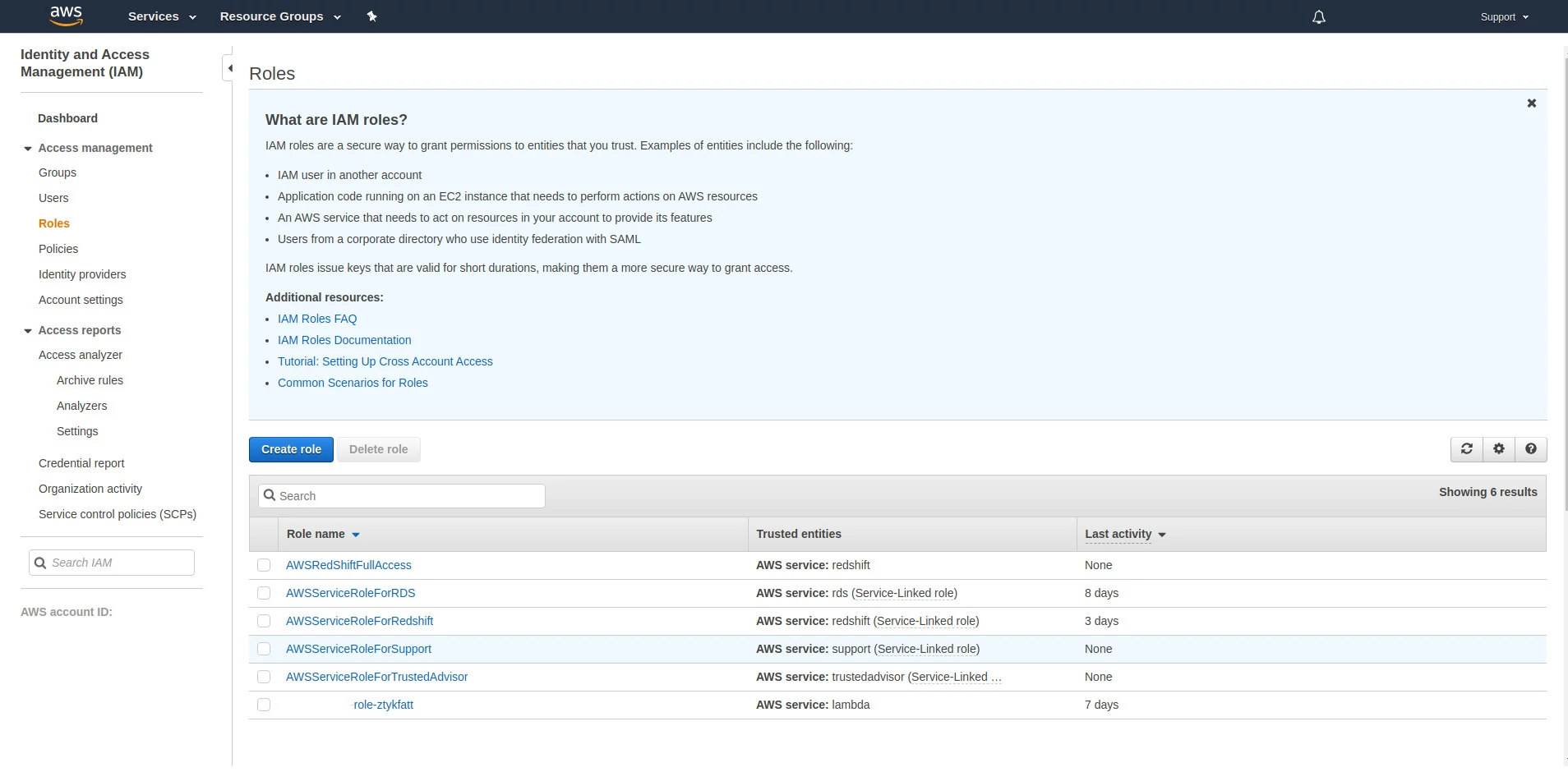 List of roles that were created as we configured AWS services. List of roles that were created as we configured AWS services.