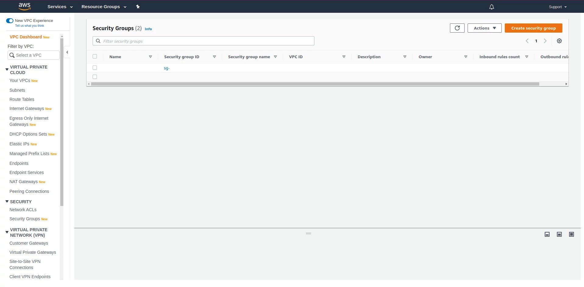 List of security groups inside the default VPC. List of security groups inside the default VPC.
