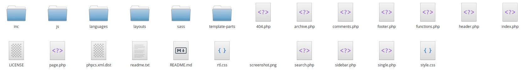 Files and folders at the root of Underscores boilerplate with _sassify! selected.