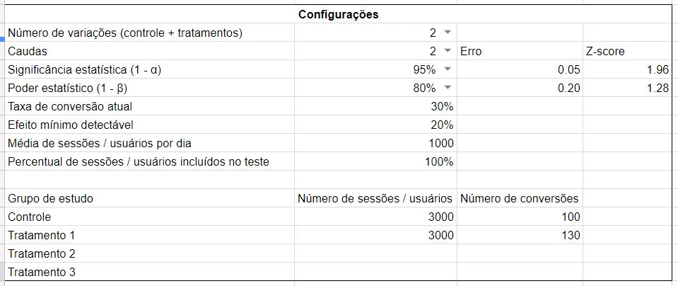 Configurações da calculadora de testes com amostras.
