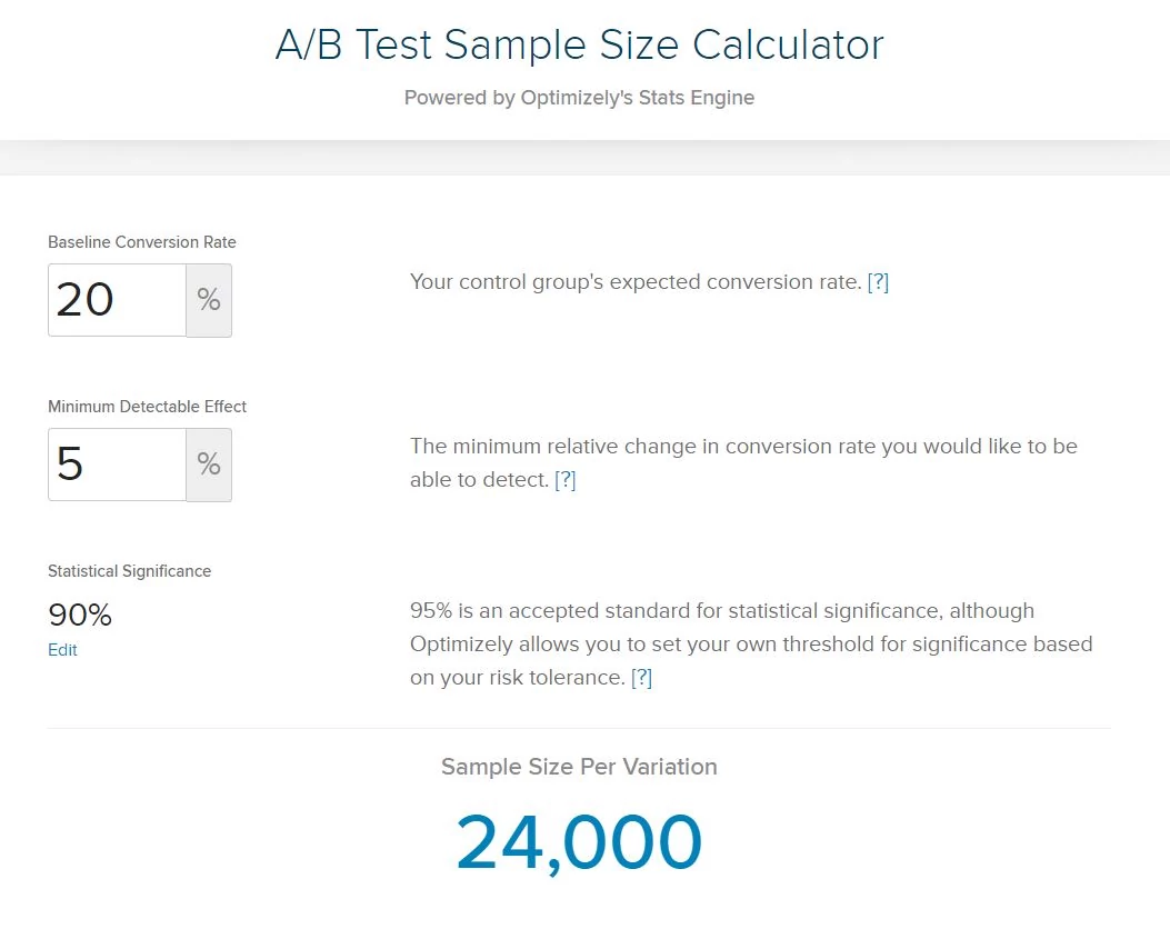 Calculadora de tamanho de amostra da Optimizely.