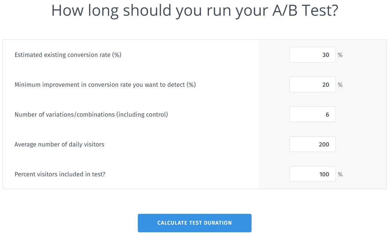 Calculadora de duração do teste da VWO.