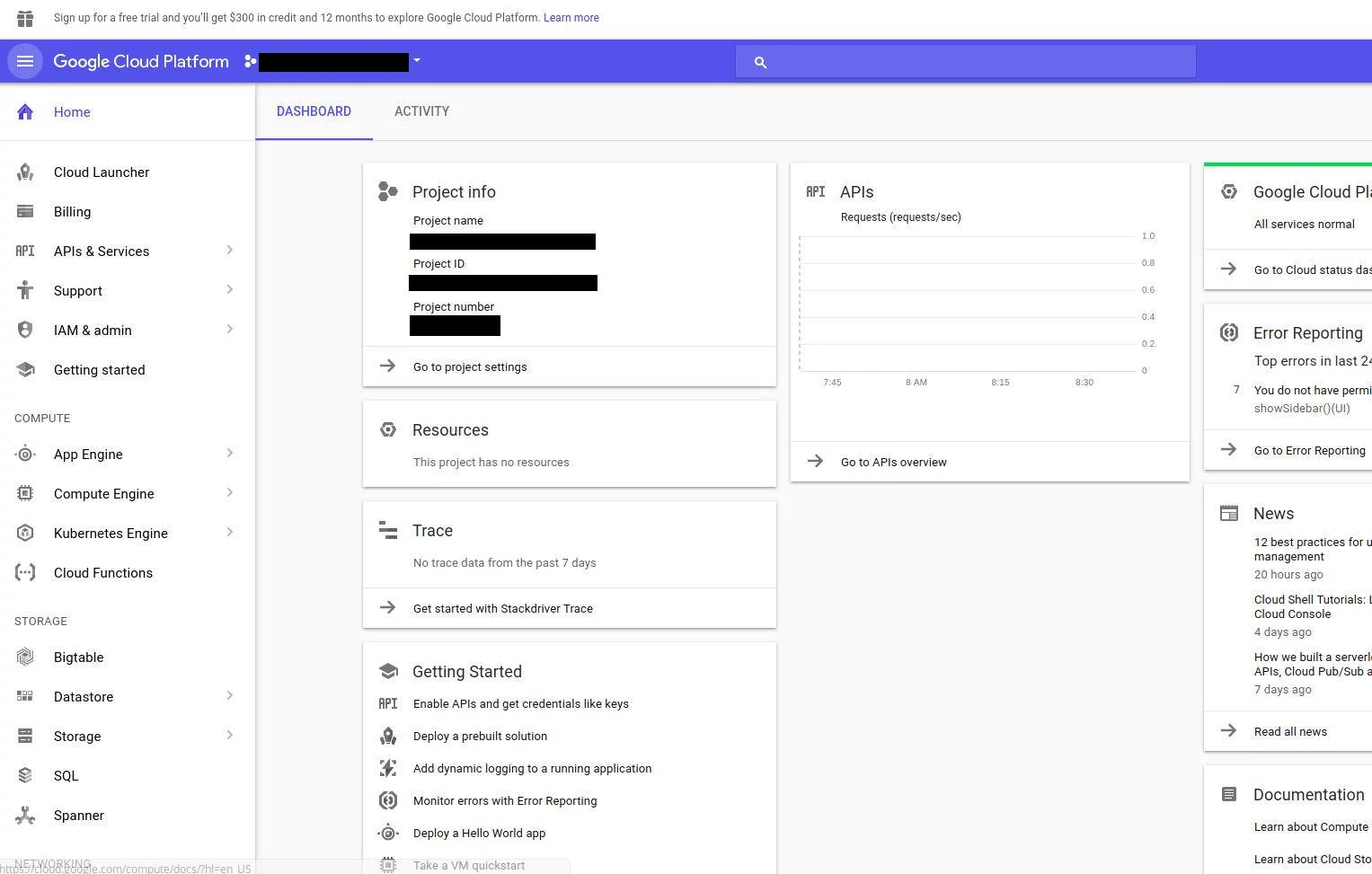 Painel de informações do projeto criado no Google Cloud Console. Painel de informações do projeto criado no Google Cloud Console.