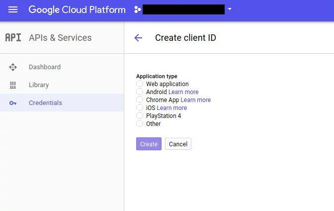 Passo 1 da configuração de novas credenciais para acesso a API do Google Search Console. Passo 1 da configuração de novas credenciais para acesso a API do Google Search Console.