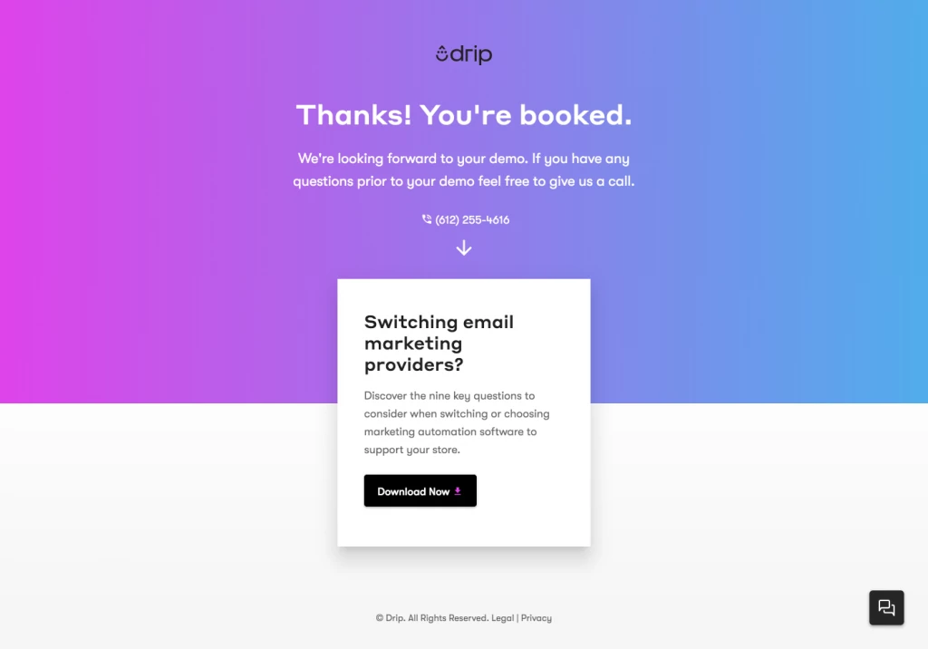 Página de agradecimento de demonstração gratuita da Drip. Página de agradecimento de demonstração gratuita da Drip.