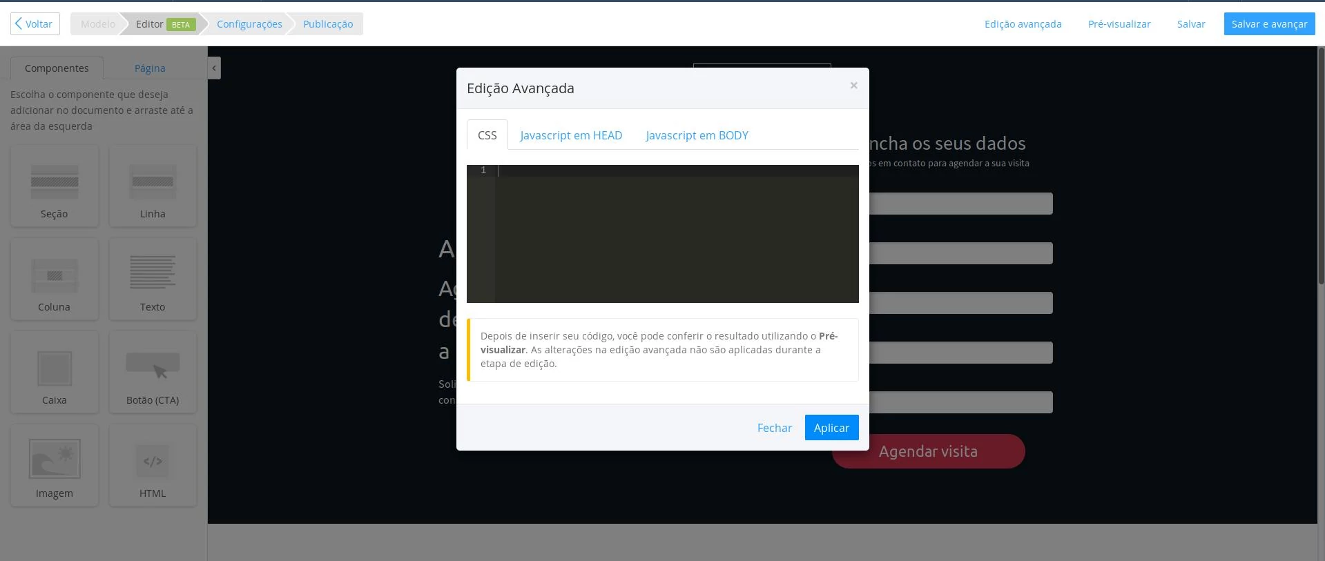 Editor de landing page com popup de edição avançada aberto. Editor de landing page com popup de edição avançada aberto.