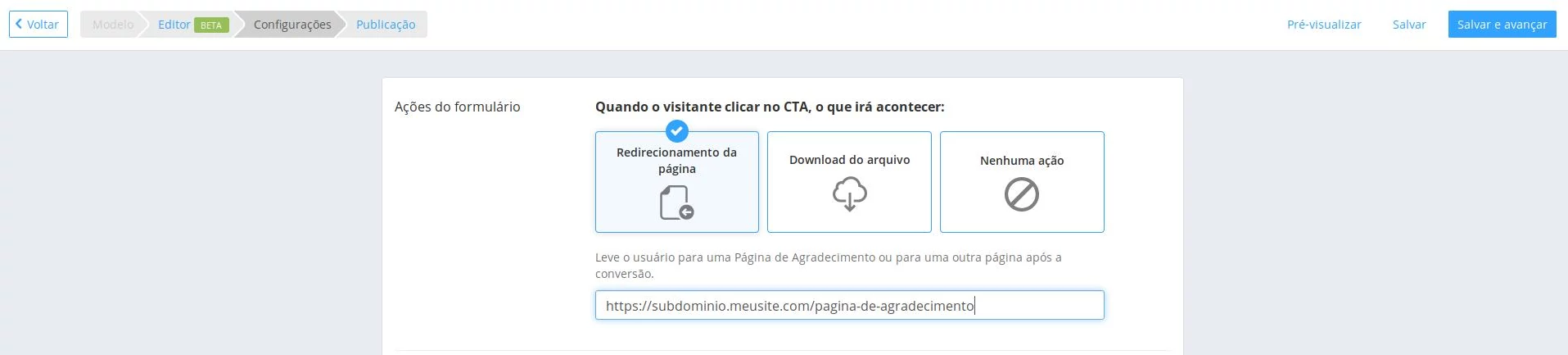 Redirecionamento de página habilitado e endereço da página de destino escrito no campo. Redirecionamento de página habilitado e endereço da página de destino escrito no campo.