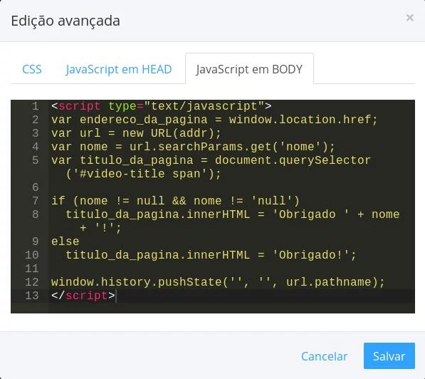 Editor avançado habilitado com código de leitura da URL e alteração de elemento no DOM aplicado. Editor avançado habilitado com código de leitura da URL e alteração de elemento no DOM aplicado.
