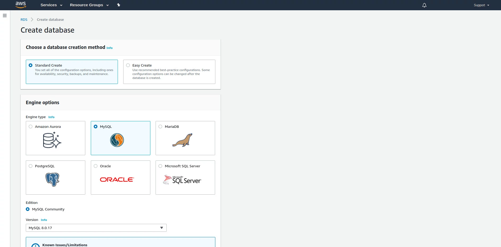 Tela de configurações de novo banco MySQL na AWS. Tela de configurações de novo banco MySQL na AWS.