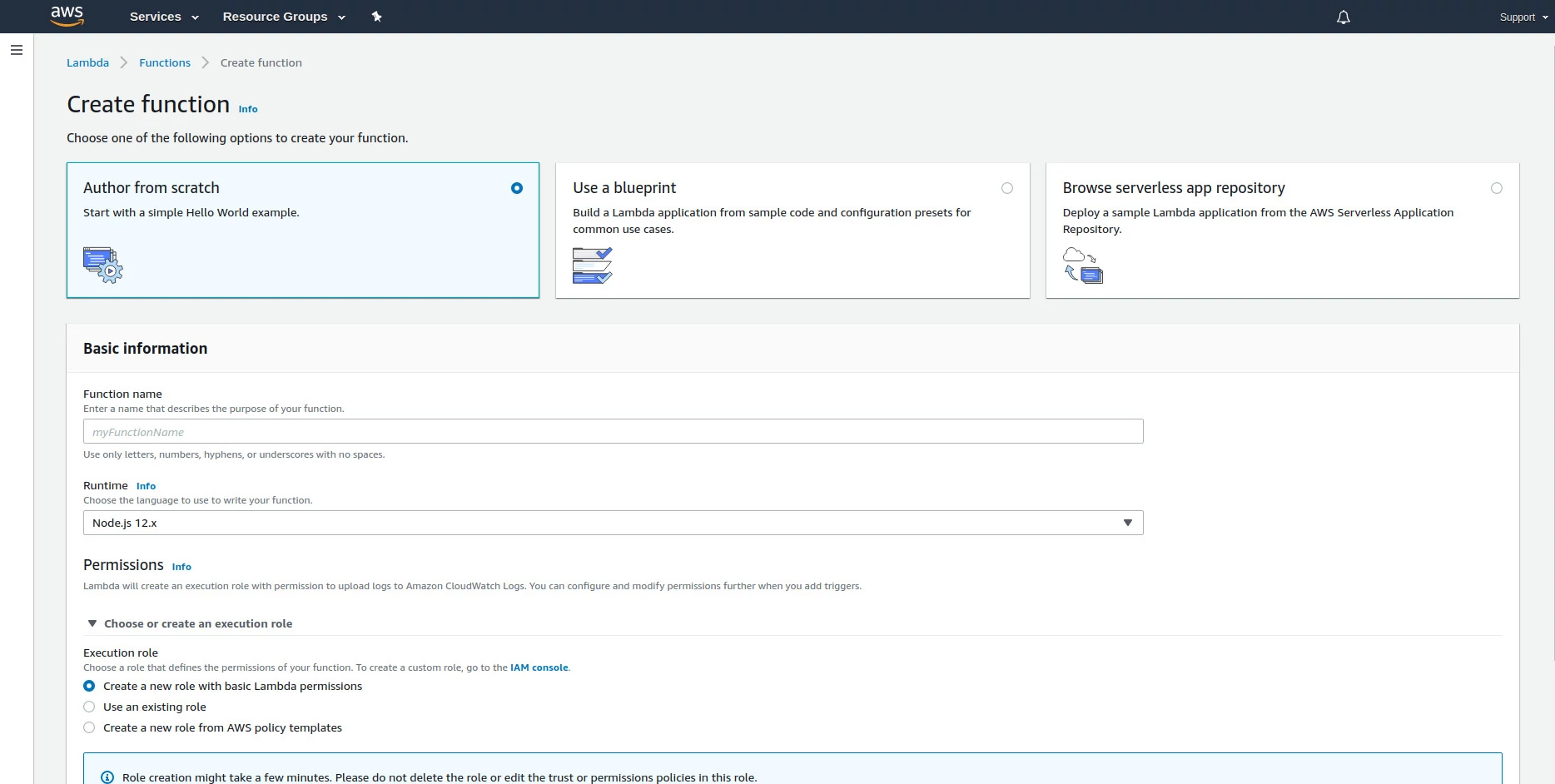 Tela de configurações de criação de nova função na AWS. Tela de configurações de criação de nova função na AWS.