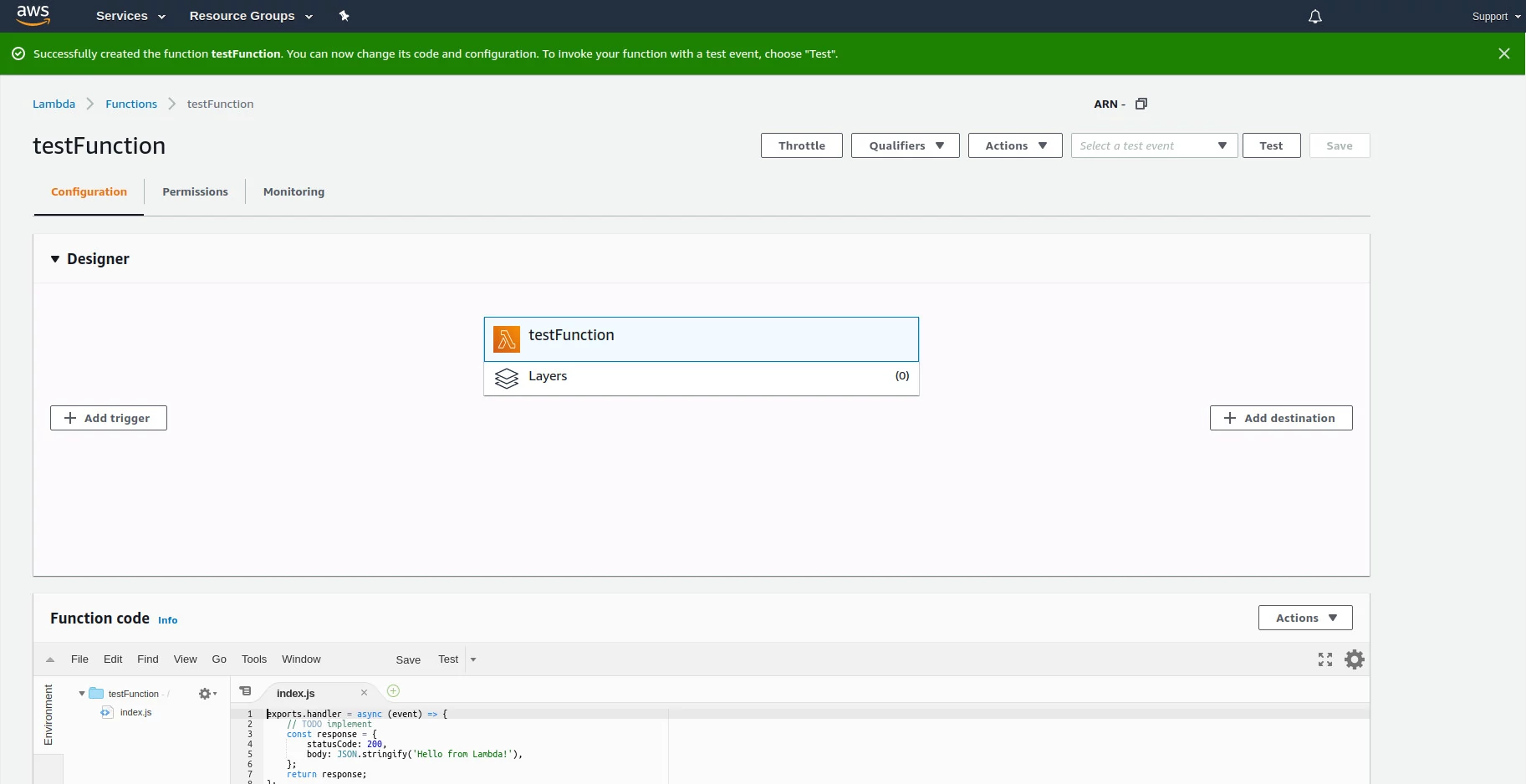 Nova função criada no AWS Lambda. Nova função criada no AWS Lambda.