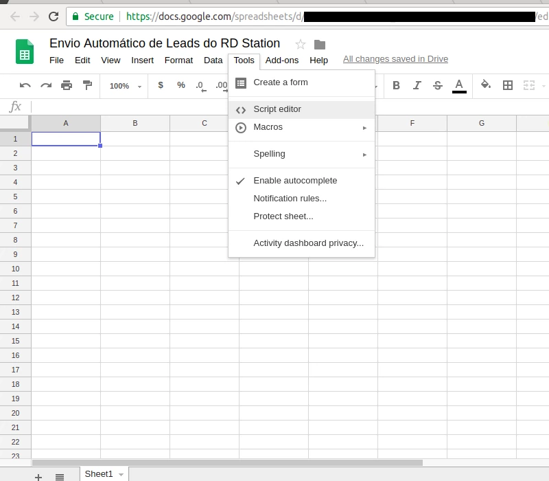 Opção editor de scripts no menu ferramentas do Google Sheets em Agosto de 2018. Opção editor de scripts no menu ferramentas do Google Sheets em Agosto de 2018.