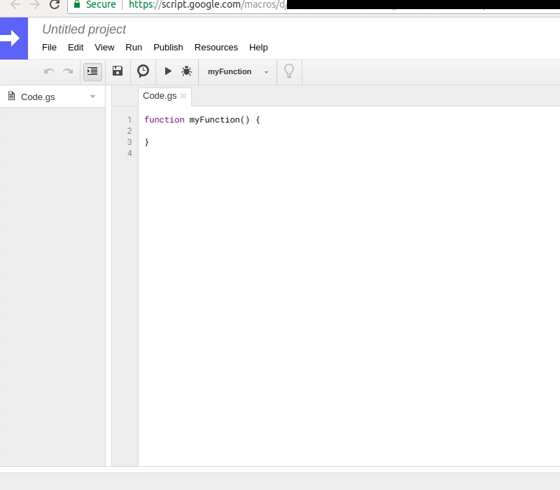 Editor de scripts do Google Apps Script aberto. Editor de scripts do Google Apps Script aberto.