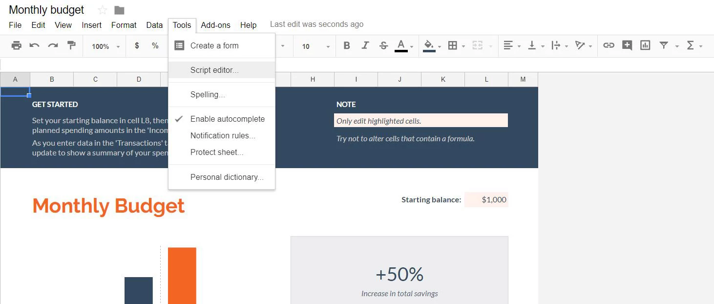 Planilha aberta com menu apontado para a opção Script Editor.