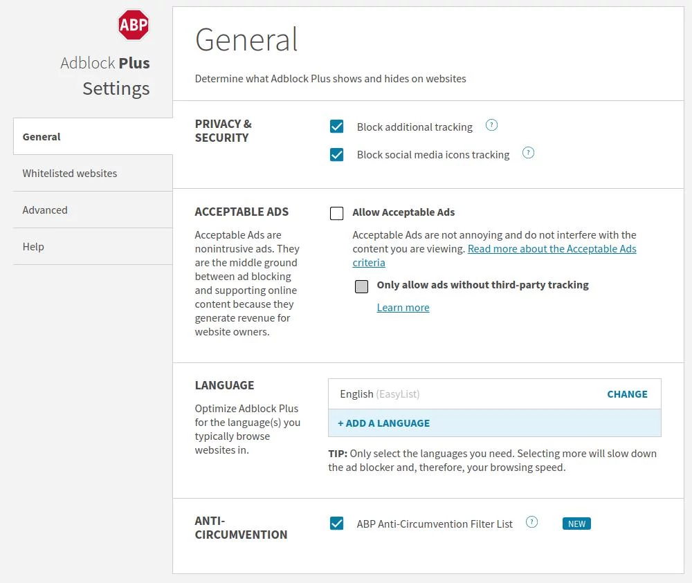 A opção Block Additional Tracking, logo na primeira aba das configurações do Adblock Plus. A opção Block Additional Tracking, logo na primeira aba das configurações do Adblock Plus.