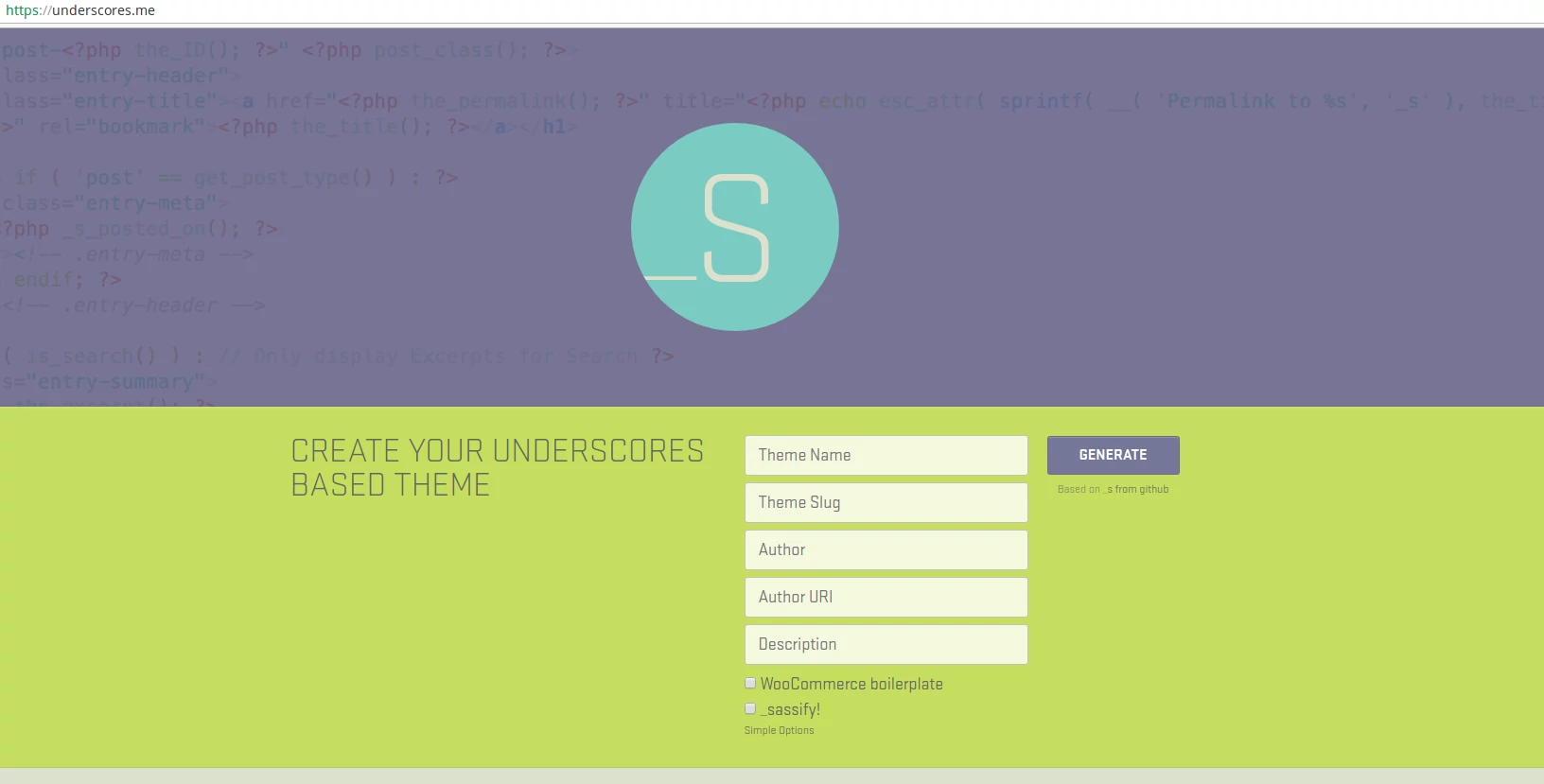 Página inicial do boilerplate Underscores exibindo as opções avançadas.